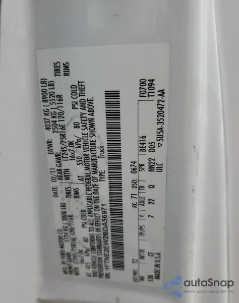 2011 Ford Econoline E250 Van z USA, uszkodzony, nr VIN 1FTNE2EW2BDA56971